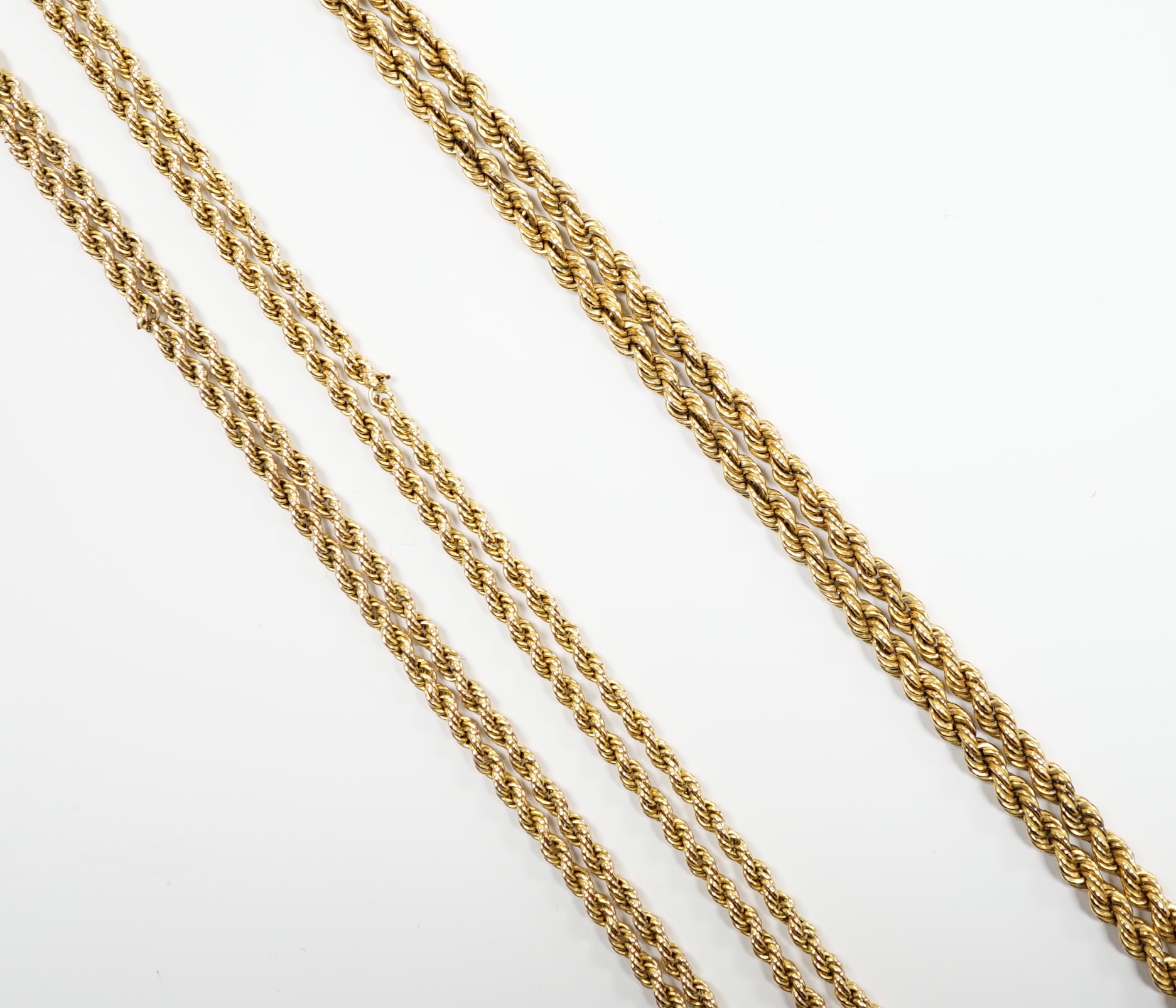 Two modern 9ct rope twist chains, the longest a.f., 144cm, gross 26.4 grams.